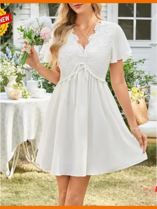 Floral Lace Deep V-Neck Mini Dress Flutter Sleeves A-Line Boho - Picture 4 of 6